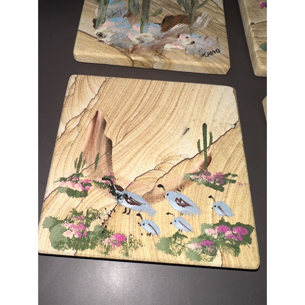 Sandstone Coaster Set Southwestern Signed Tasso Cactus Coyote Quail - Picture 5 of 7